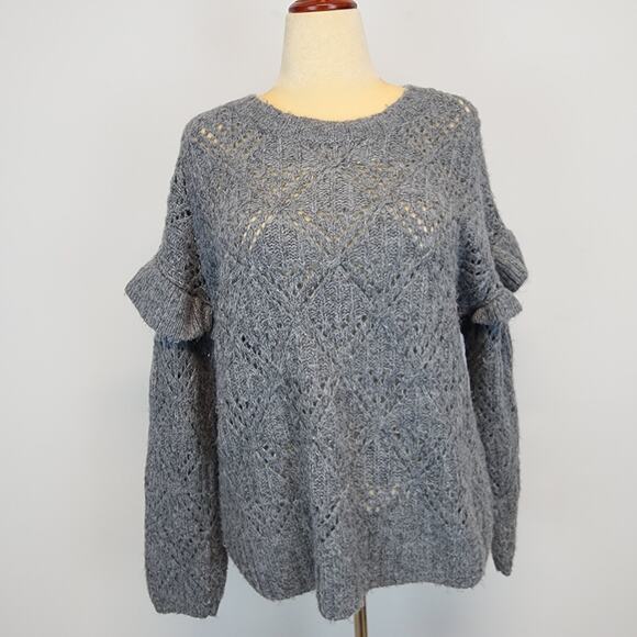 Old Navy Ruffle Sleeve Sweater Size XL Gray Pointelle Knit Round Neck Pullover - Picture 1 of 15